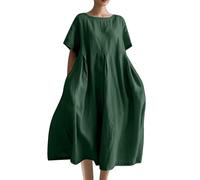 Maxi Summer Dresses for Women UK Clearance Elegant Italian Linen Dress Deal of The Day Short Sleeve Baggy Solid Crewneck Casual Dress Oversized A-line Swing Beach Holiday Long Sundress, S-5XL Green