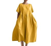 Maxi Summer Dresses for Women UK Elegant Italian Linen Dress Plus Size Short Sleeve Baggy Dresses Solid Crewneck Casual Dress Oversized A-line Swing Beach Holiday Long Sundress, Plus Size S-5XL