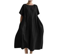 Maxi Summer Dresses for Women UK Elegant Italian Linen Dress Plus Size Short Sleeve Baggy Dresses Solid Crewneck Casual Dress Oversized A-line Swing Beach Holiday Long Sundress, Plus Size S-5XL Black