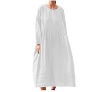 Maxi Summer Dresses for Women UK Elegant Italian Linen Dresses Long Sleeve Baggy Dresses Solid Crewneck Casual Dress Oversized A-line Swing Dresses Beach Holiday Long Dresses White