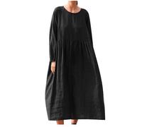 Maxi Summer Dresses for Women UK Elegant Italian Linen Dresses Long Sleeve Baggy Dresses Solid Crewneck Casual Dress Oversized A-line Swing Dresses Beach Holiday Long Dresses Black