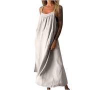 Maxi Summer Dresses for Women UK Elegant Italian Linen Dresses Sleeveless Baggy Tank Dresses Solid Casual Vest Cami Dress Oversized A-line Swing Dresses Beach Holiday Long Dresses Plus Size 22 Beige