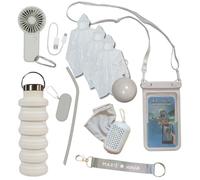Maxie & Nova 9 Piece Theme Park Essentials & Cruise Ship Essentials Accessory Kit - USB Fan, Cooling Towel, Waterproof Phone Pouch, Collapsible Water Bottle, Reusable Straw, & 3 Emergency Ponchos