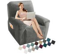 MAXIJIN Oversized Recliner Chair Covers Velvet Plush 4 Piece Stretch Recliners Covers for Large Recliner Slipcovers Soft Washable Reclining Protector with Side Pocket (XL Recliner, Grey)