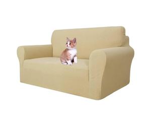 MAXIJIN Super Stretch Couch Cover for 2 Seater Couch, 1-Piece Universal Love Seat Covers Jacquard Spandex Sofa Protector Dogs Pet Friendly Fitted Loveseat Slipcover (2 Seater, Beige)