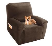 MAXIJIN Velvet 4 Piece Recliner Cover Stretch Plush Soft Cover for Recliner Chair Thick Soft Recliner Chair Slipcover Separate Chair Cover for Recliner with Side Pocket (Recliner, Dark Coffee)