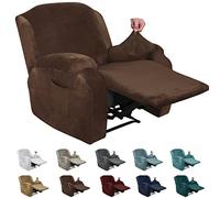MAXIJIN Velvet 4 Piece Recliner Cover Stretch Plush Soft Cover for Recliner Chair Thick Soft Recliner Chair Slipcover Separate Chair Cover for Recliner with Side Pocket (Recliner, Dark Coffee)