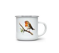 MAXIKIWI - Durable Enamel Coffee or Tea Camping Mug for Indoor Outdoor Use - American Robin Bird - 350ml