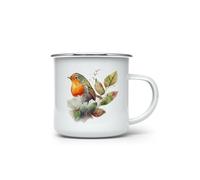 MAXIKIWI - Durable Enamel Coffee or Tea Camping Mug for Indoor Outdoor Use - American Robin Bird - 350ml