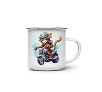 MAXIKIWI - Durable Enamel Coffee or Tea Camping Mug for Indoor Outdoor Use - Baby Monkey Riding Motorbike - 350ml