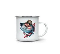 MAXIKIWI - Durable Enamel Coffee or Tea Camping Mug for Indoor Outdoor Use - Bass Fish with American Flag - 350ml