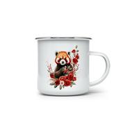 MAXIKIWI - Durable Enamel Coffee or Tea Camping Mug for Indoor Outdoor Use - Boho Red Panda - 350ml