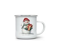 MAXIKIWI - Durable Enamel Coffee or Tea Camping Mug for Indoor Outdoor Use - Christmas Snowman Watercolor - 350ml