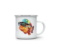 MAXIKIWI - Durable Enamel Coffee or Tea Camping Mug for Indoor Outdoor Use - Cool Bass Fish - 350ml