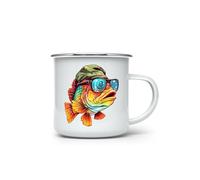 MAXIKIWI - Durable Enamel Coffee or Tea Camping Mug for Indoor Outdoor Use - Cool Bass Fish - 350ml
