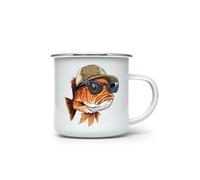 MAXIKIWI - Durable Enamel Coffee or Tea Camping Mug for Indoor Outdoor Use - Cool Bass Fish - 350ml