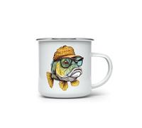 MAXIKIWI - Durable Enamel Coffee or Tea Camping Mug for Indoor Outdoor Use - Cool Bass Fish - 350ml