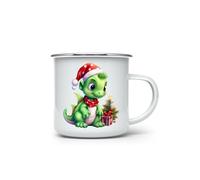 MAXIKIWI - Durable Enamel Coffee or Tea Camping Mug for Indoor Outdoor Use - Cute Baby Dinosaur Christmas - 350ml