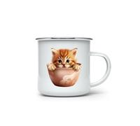 MAXIKIWI - Durable Enamel Coffee or Tea Camping Mug for Indoor Outdoor Use - Cute Kitten in a Cup - 350ml