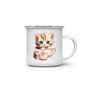 MAXIKIWI - Durable Enamel Coffee or Tea Camping Mug for Indoor Outdoor Use - Cute Kitten in a Cup - 350ml