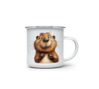 MAXIKIWI - Durable Enamel Coffee or Tea Camping Mug for Indoor Outdoor Use - Cute Smiling Beaver 3-350ml
