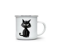 MAXIKIWI - Durable Enamel Coffee or Tea Camping Mug for Indoor Outdoor Use - Funny Black Cat - 350ml