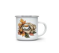 MAXIKIWI - Durable Enamel Coffee or Tea Camping Mug for Indoor Outdoor Use - Hand Drawn Vintage Autumn - 350ml