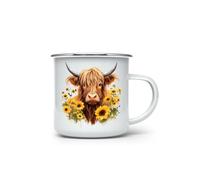 MAXIKIWI - Durable Enamel Coffee or Tea Camping Mug for Indoor Outdoor Use - Highland Cow with Sunflowers - 500ml