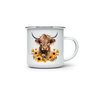 MAXIKIWI - Durable Enamel Coffee or Tea Camping Mug for Indoor Outdoor Use - Highland Cow with Sunflowers - 350ml