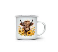 MAXIKIWI - Durable Enamel Coffee or Tea Camping Mug for Indoor Outdoor Use - Highland Cow with Sunflowers - 350ml