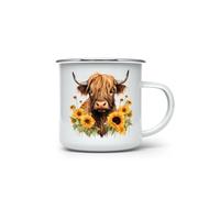 MAXIKIWI - Durable Enamel Coffee or Tea Camping Mug for Indoor Outdoor Use - Highland Cow with Sunflowers - 350ml