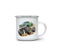 MAXIKIWI - Durable Enamel Coffee or Tea Camping Mug for Indoor Outdoor Use - Monster Truck Crushing - 350ml