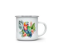 MAXIKIWI - Durable Enamel Coffee or Tea Camping Mug for Indoor Outdoor Use - Parrot with Palm Monstera - 350ml