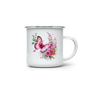 MAXIKIWI - Durable Enamel Coffee or Tea Camping Mug for Indoor Outdoor Use - Pink Butterfly with Flowers - 350ml