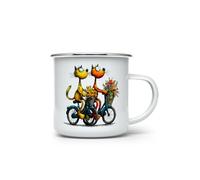 MAXIKIWI - Durable Enamel Coffee or Tea Camping Mug for Indoor Outdoor Use - Quirky Cats Friendship - 350ml
