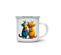 MAXIKIWI - Durable Enamel Coffee or Tea Camping Mug for Indoor Outdoor Use - Quirky Cats Friendship - 350ml