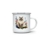 MAXIKIWI - Durable Enamel Coffee or Tea Camping Mug for Indoor Outdoor Use - Ragdoll Cat in The Garden - 350ml