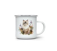 MAXIKIWI - Durable Enamel Coffee or Tea Camping Mug for Indoor Outdoor Use - Ragdoll Cat in The Garden - 350ml