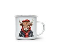 MAXIKIWI - Durable Enamel Coffee or Tea Camping Mug for Indoor Outdoor Use - Red Plaid Christmas Highland Cow - 350ml