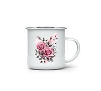MAXIKIWI - Durable Enamel Coffee or Tea Camping Mug for Indoor Outdoor Use - Rose Watercolor - 350ml
