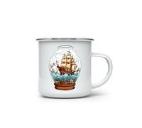 MAXIKIWI - Durable Enamel Coffee or Tea Camping Mug for Indoor Outdoor Use - Ship in a Bottle - 350ml