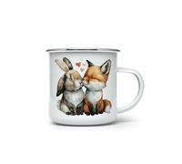 MAXIKIWI - Durable Enamel Coffee or Tea Camping Mug for Indoor Outdoor Use - Whimsical Bunny Fox Valentine - 350ml