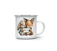MAXIKIWI - Durable Enamel Coffee or Tea Camping Mug for Indoor Outdoor Use - Whimsical Bunny Fox Valentine - 350ml