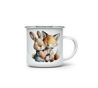 MAXIKIWI - Durable Enamel Coffee or Tea Camping Mug for Indoor Outdoor Use - Whimsical Bunny Fox Valentine - 350ml