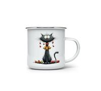 MAXIKIWI - Durable Enamel Coffee or Tea Camping Mug for Indoor Outdoor Use - Whimsical Christmas Black Cats - 350ml