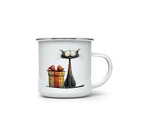 MAXIKIWI - Durable Enamel Coffee or Tea Camping Mug for Indoor Outdoor Use - Whimsical Christmas Black Cats - 350ml