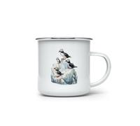 MAXIKIWI - Durable Enamel Coffee or Tea Camping Mug for Indoor Outdoor Use - Winter Puffins on Icebergs - 350ml