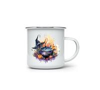 MAXIKIWI - Durable Enamel Coffee or Tea Camping Mug for Indoor Outdoor Use - Witch Cooking Pot Fantasy - 350ml