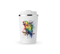 MAXIKIWI - Insulated Double Walled, Leakproof Stainless Steel Mug, Coffee or Tea Travel Tumbler with Lid, Keep Drinks Hot and Cold - Watercolor Parrot - 350ml