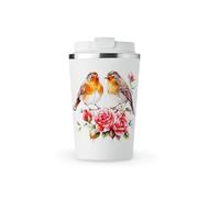 MAXIKIWI - Insulated Double Walled, Leakproof Stainless Steel Mug, Coffee or Tea Travel Tumbler with Lid, Keep Drinks Hot and Cold - Robins in a Rose Garden - 350ml